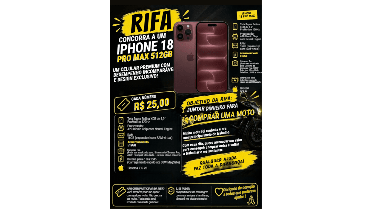 RIFA SOLIDÁRIA: GANHE UM IPHONE 18 PRO MAX 512GB!