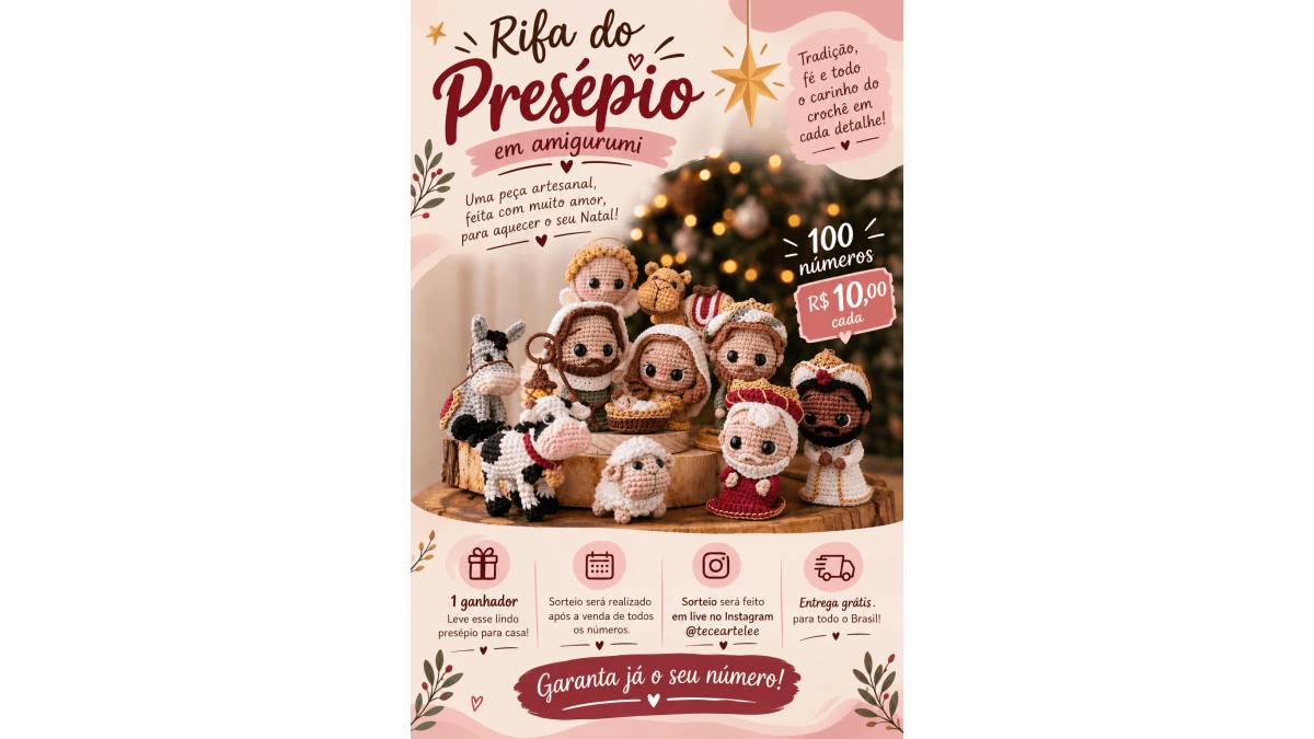 🎄 Rifa de Natal – Presépio Completo em Amigurumi | 100 números por apenas R$ 10,00 🎁