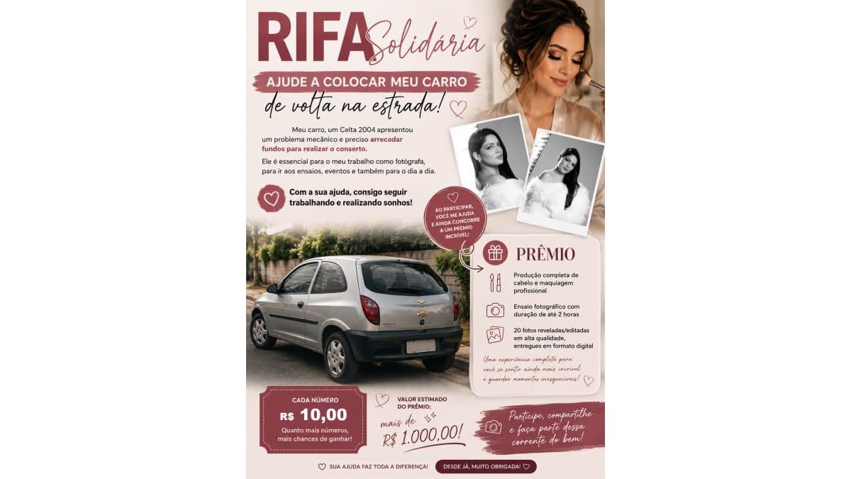 🚗✨ Rifa Solidária – Concorra a um Dia de Beleza + Ensaio Fotográfico