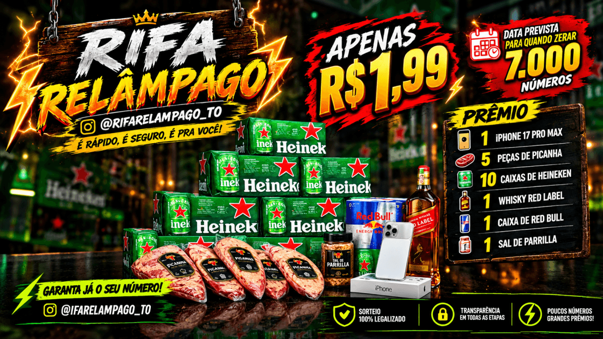 ⚡RIFA RELAMPAGO⚡ 1 iPhone 17 Pro Max ,5 peças de picanha ,10 caixas de Heineken ,1 Whisky Red Label, 1 caixa de Red Bu