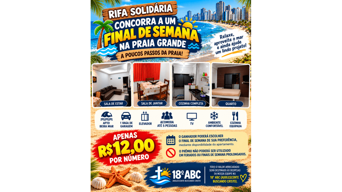 🏖️ Rifa Solidária – Concorra a um Final de Semana na Praia Grande!