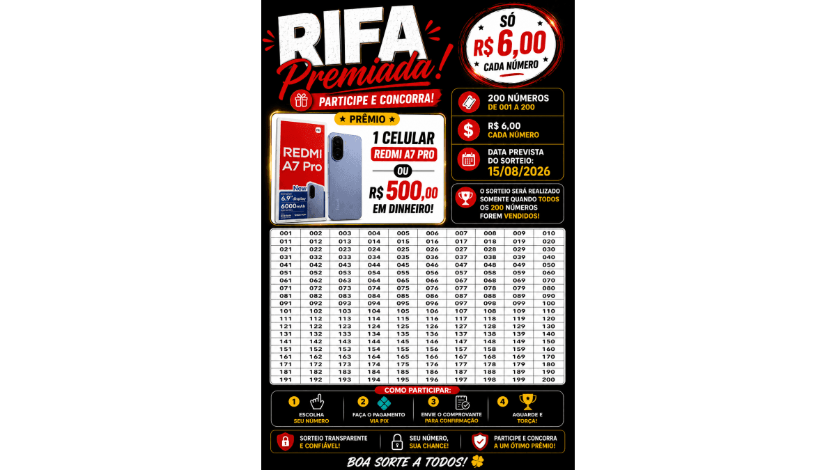 🎉 RIFA PREMIADA – Concorra a um Redmi A7 Pro ou R$ 500,00 por apenas R$ 6,00!
