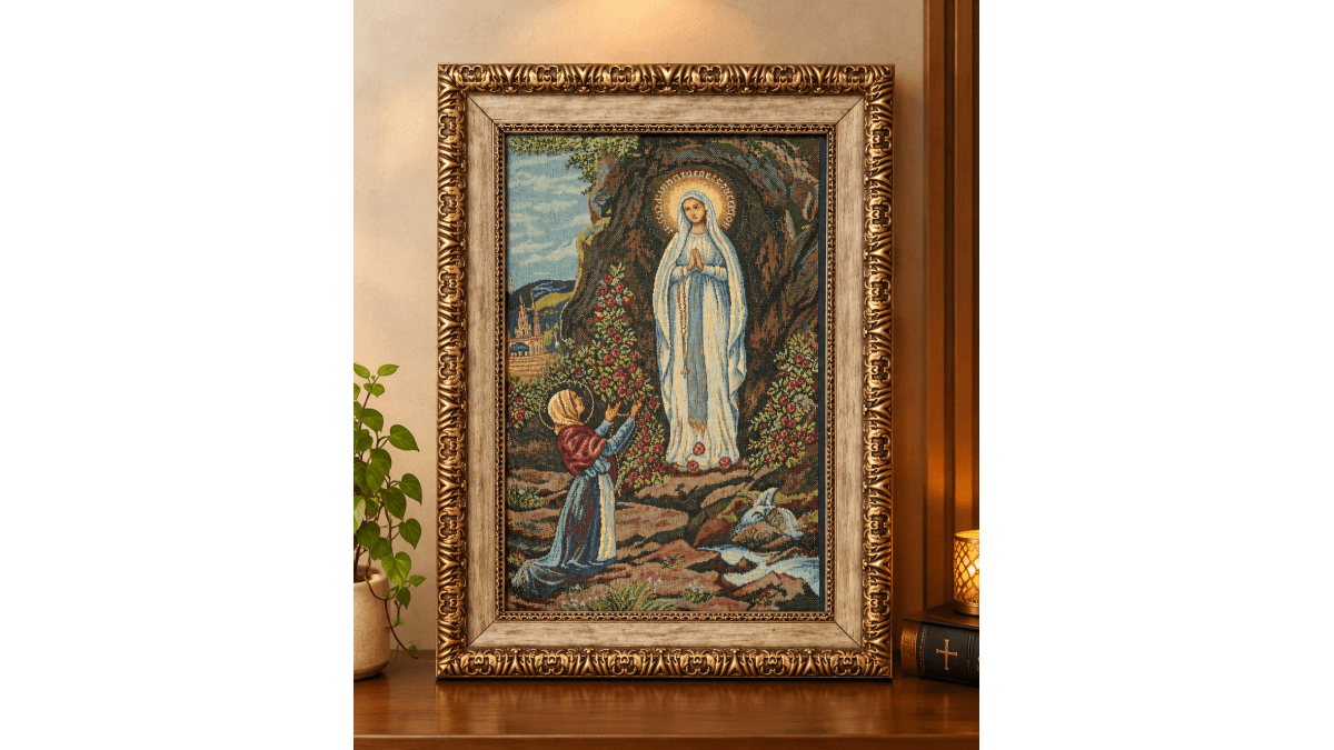 Tela de tapeçaria italiana e cesta religiosa