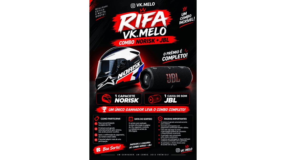 🏆 RIFA PREMIADA — COMBO CAPACETE NORISK + JBL 🏆