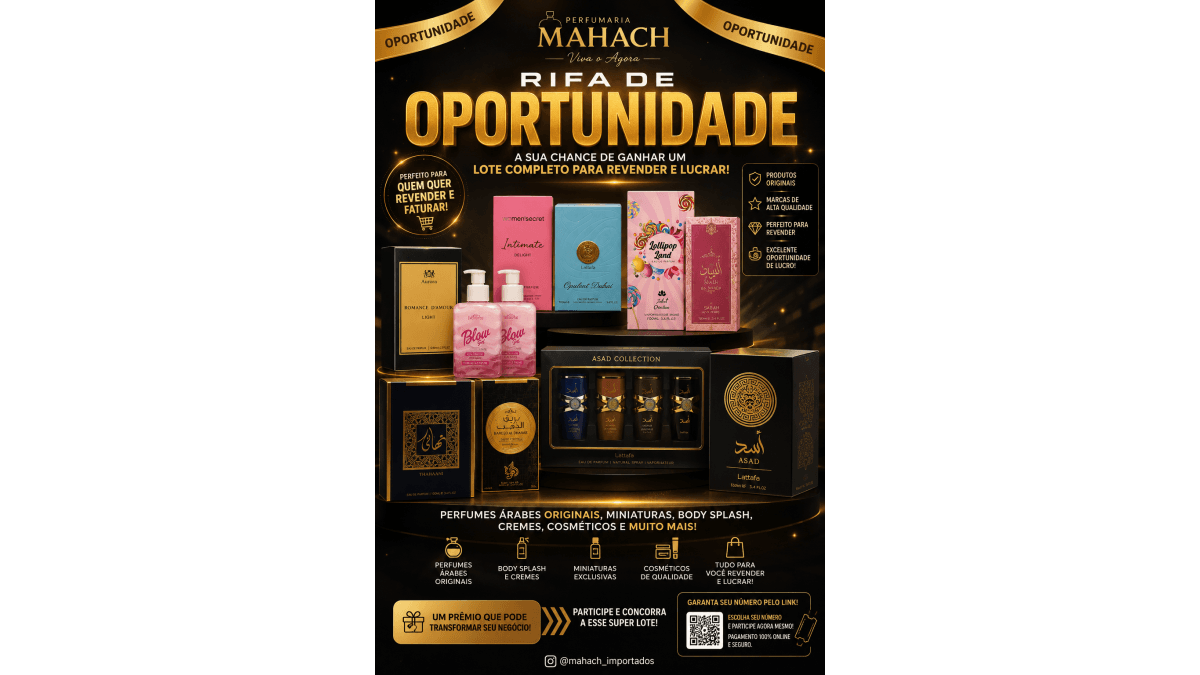 💎 Rifa de Oportunidade MAHACH | Lote Premium de Perfumes Árabes e Cosméticos Originais