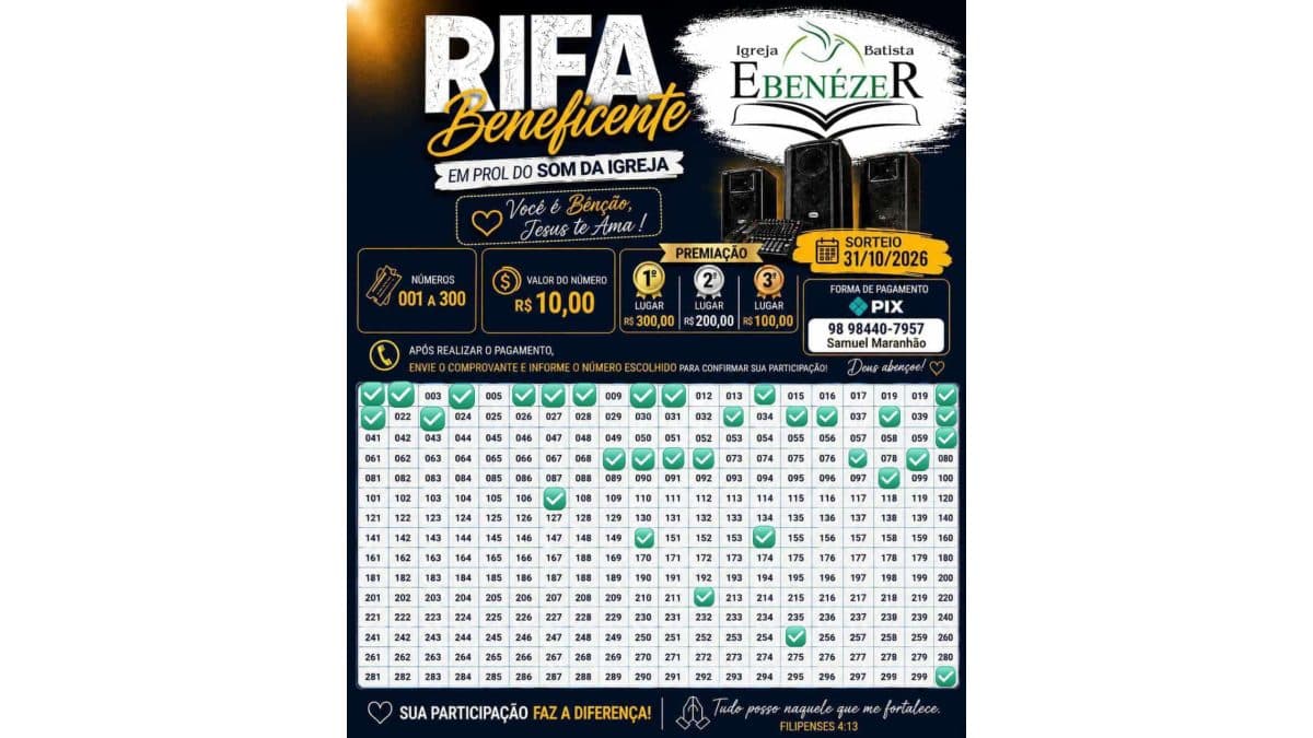 Rifa em prol do som da Igreja Ebenézer