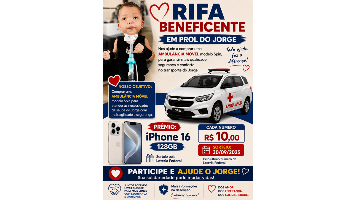 rifa beneficente pra ajudar jorge a comprar uma ambulancia movel pra poder sair de casa sem ser escoltado por viatura