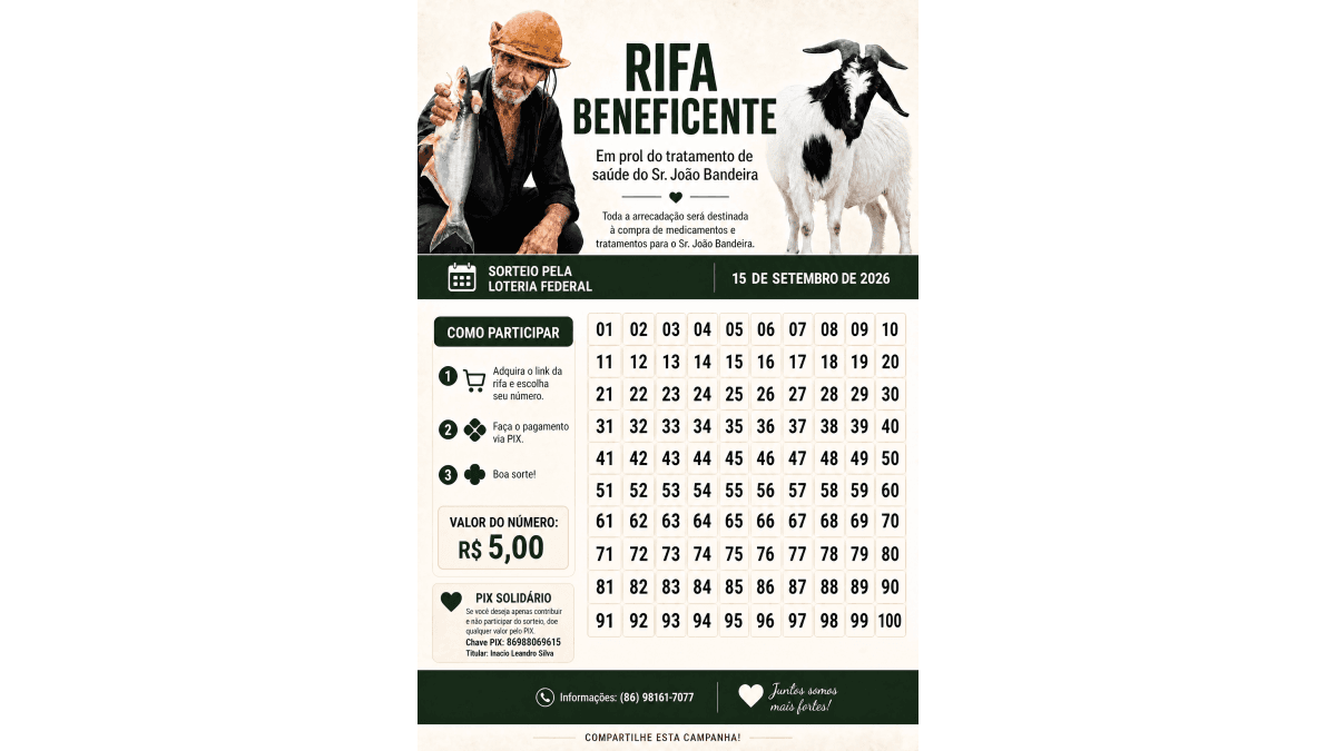Rifa solidaria em prol da saúde de João Bandeira da Silva