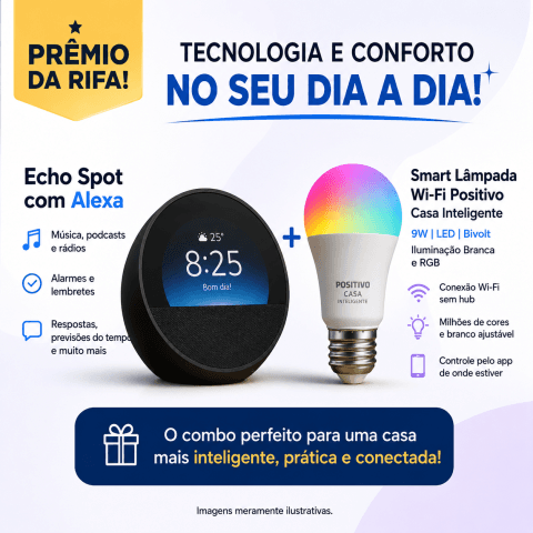ou 🔊 Echo Spot com Alexa + 💡 Smart Lâmpada Wi-Fi Positivo Casa Inteligente