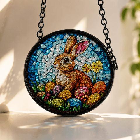 Vitral Artesanal de Coelho com Flores