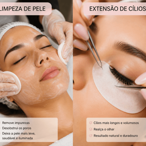 Uma limpeza de pele mais extensão de cílios (fio a fio molhado ou express)