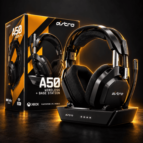 Headset Gamer Sem Fio Astro A50 + Base Station Gen 4 com Áudio Dolby – Preto.
