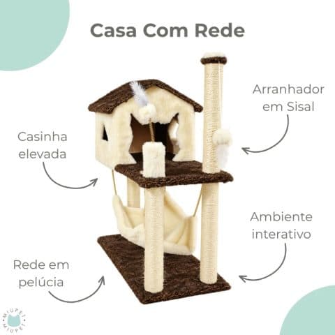 Casinha para gatos de dois andares, com rede de pelúcia e arranhadores de sisal